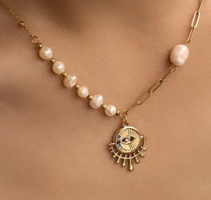 Evil Eye Fresh Water Pearl Necklace