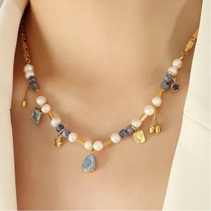 Stone Fresh Water Pearl Executive Necklace-Blue