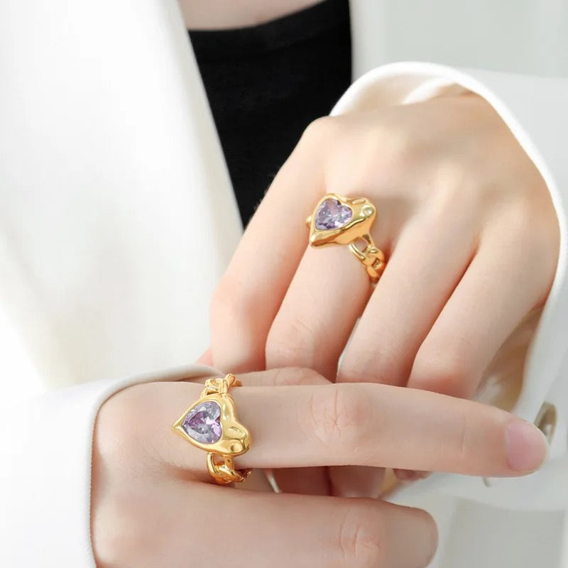 Chunky Purple Heart SS Ring - Gold