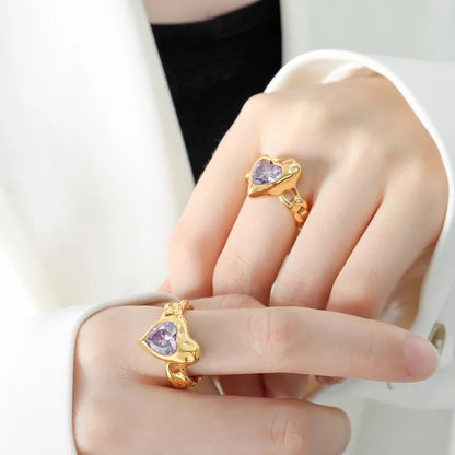 Chunky Purple Heart SS Ring - Gold