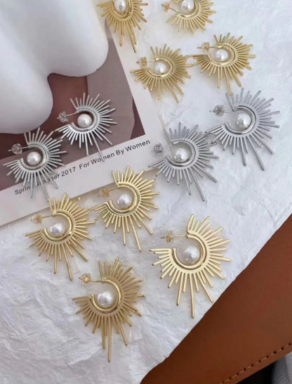 Sun Moon Pearl Hoops-Gold