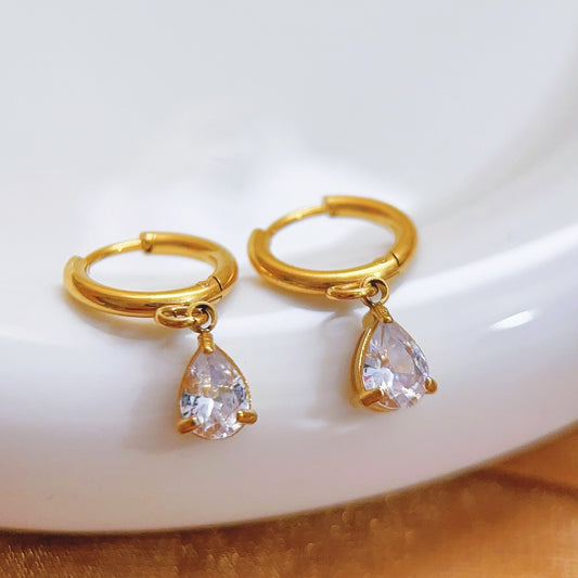 Small Drop Hoop Earrings-Gold