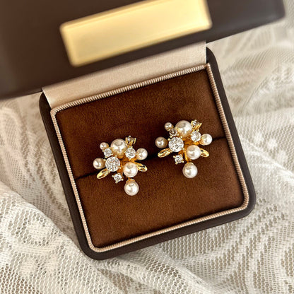 Pearl Cluster Stud Earrings-Gold