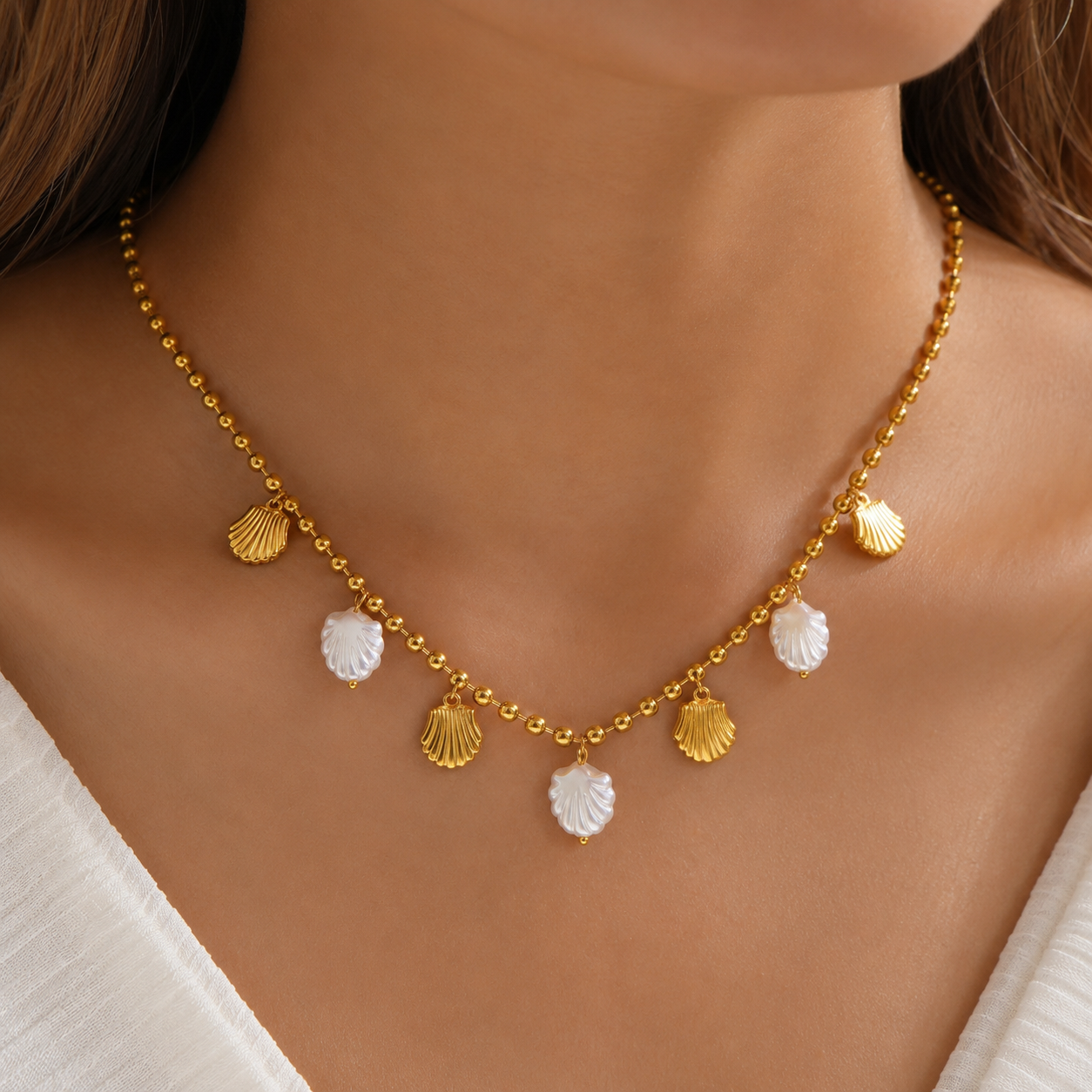 Seashell Gold & Pearl Necklace