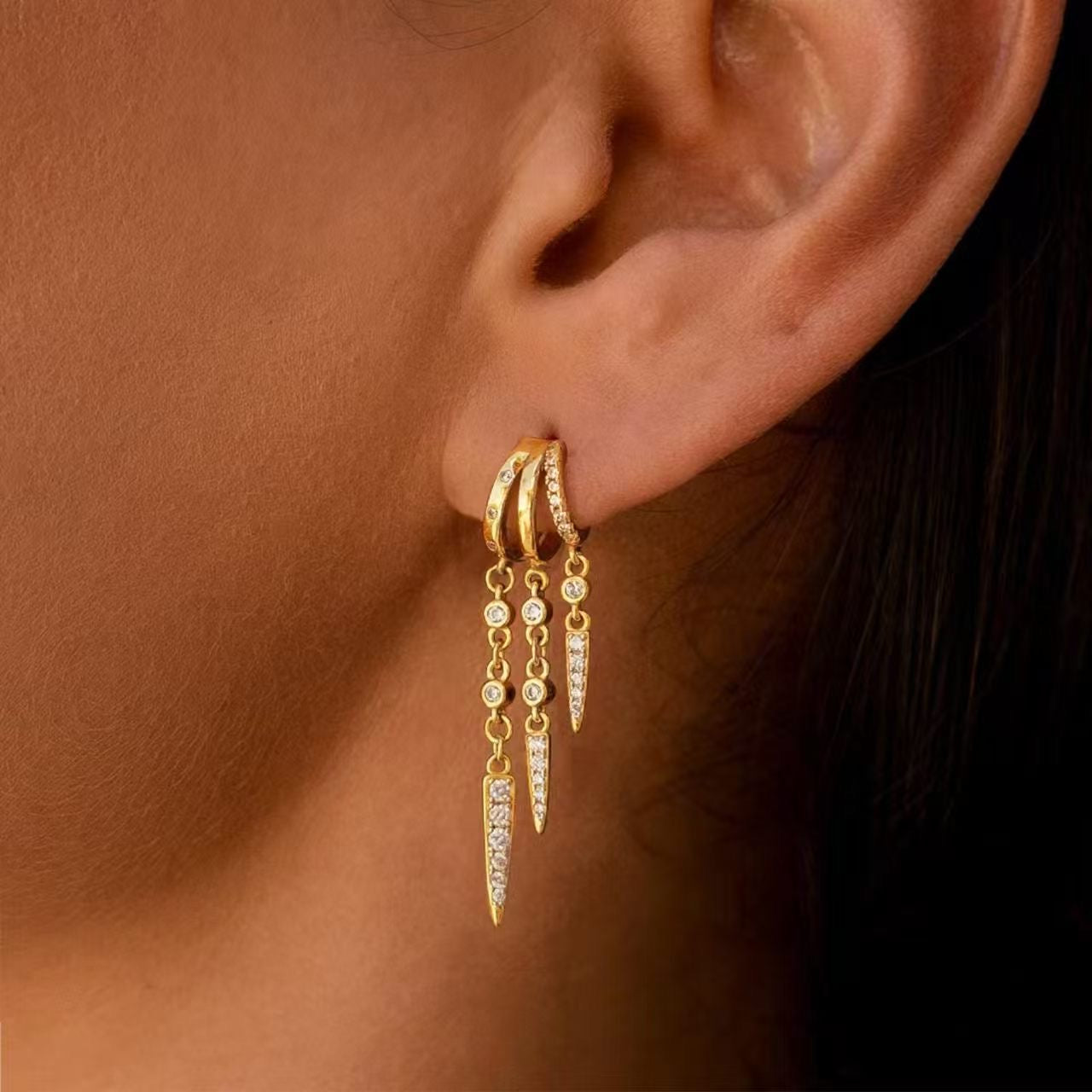 Triple Spike Drop Earrings-Gold