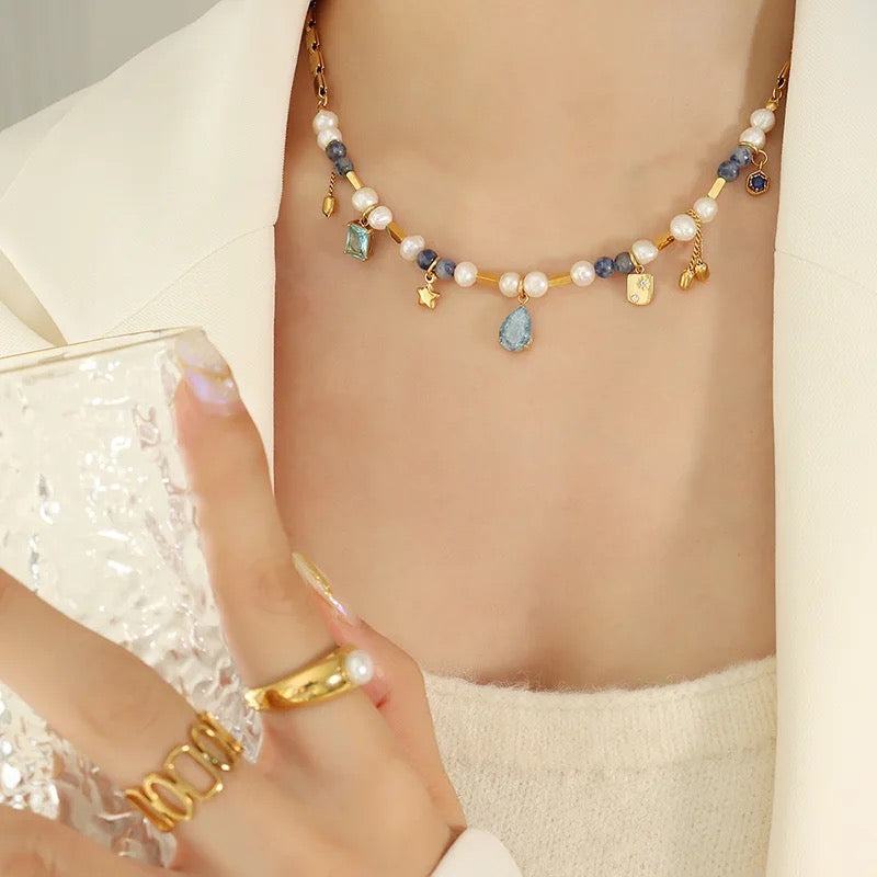 Stone Fresh Water Pearl Executive Necklace-Blue