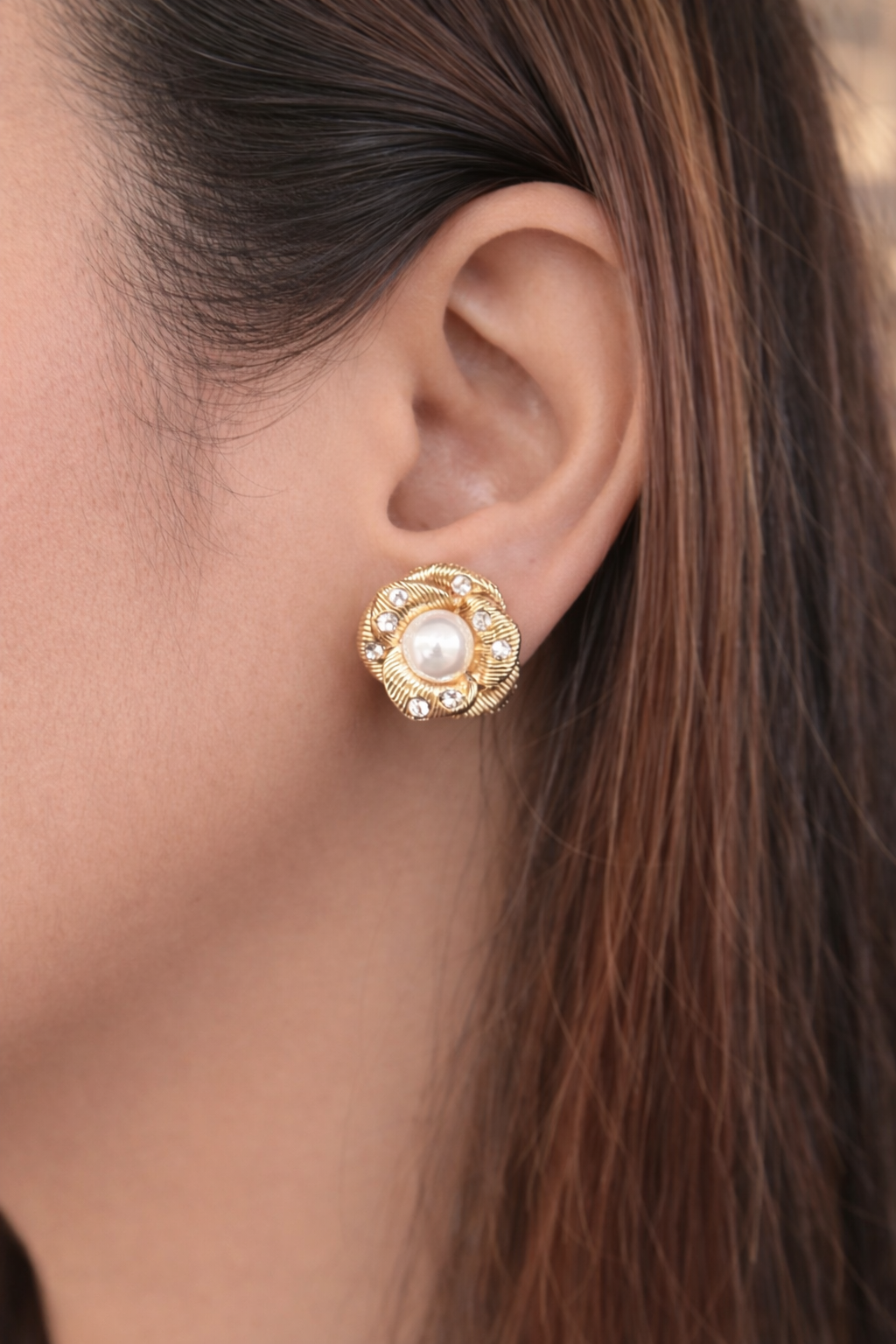 Floral Pearl Studs- Gold
