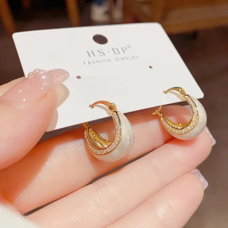 Tiny White Studded Enamel Hoop Earrings