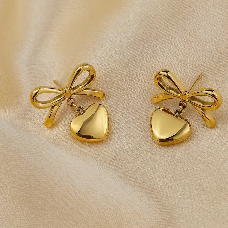 Heart Bow Mini Earrings-Gold