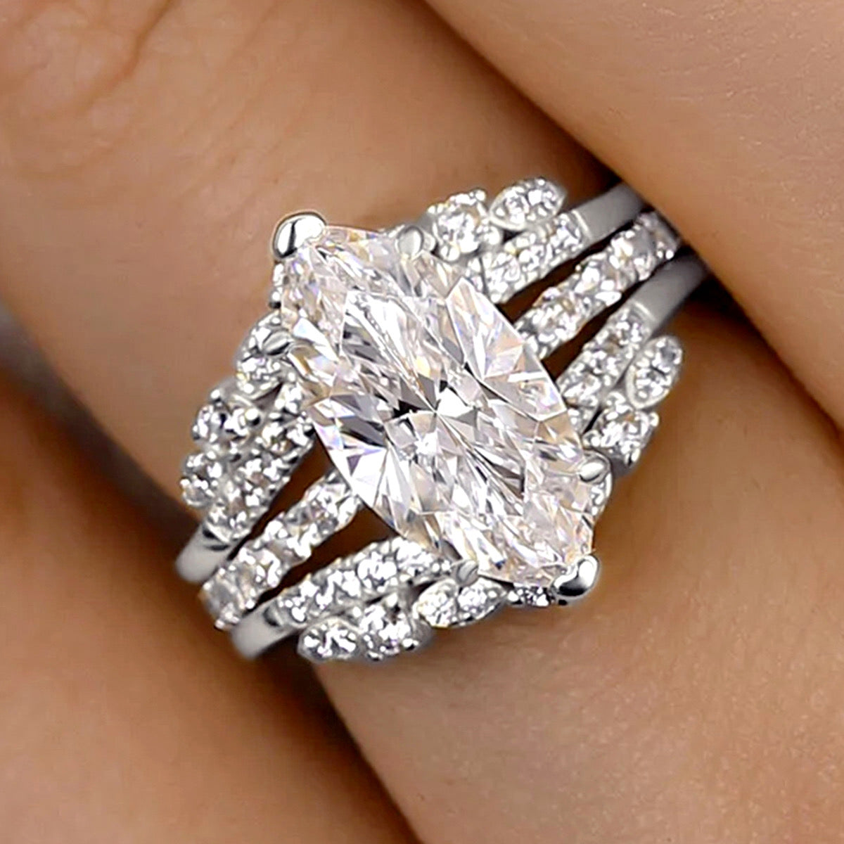 Marquise Cut Double Band-Silver