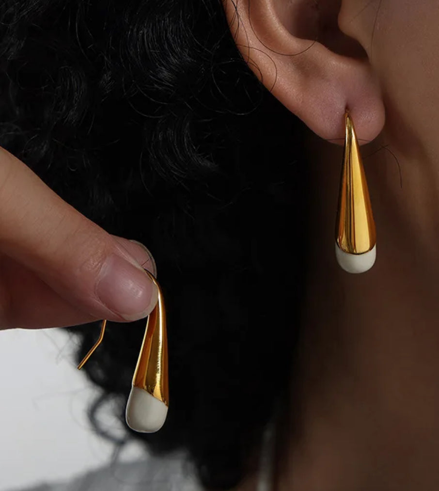 White Enamel Gold Drop Earrings