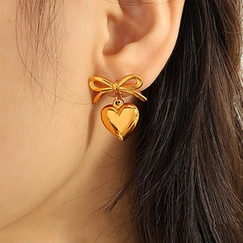 Heart Bow Mini Earrings-Gold