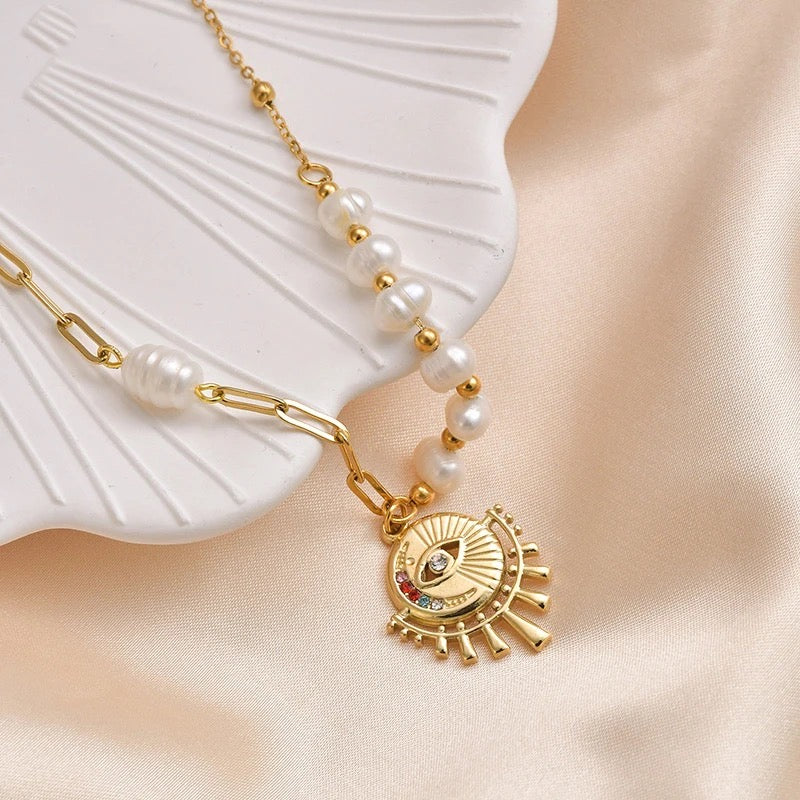 Evil Eye Fresh Water Pearl Necklace