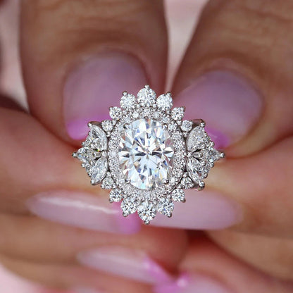 Halo Floral Solitaire Ring 2 Pc Set- Silver