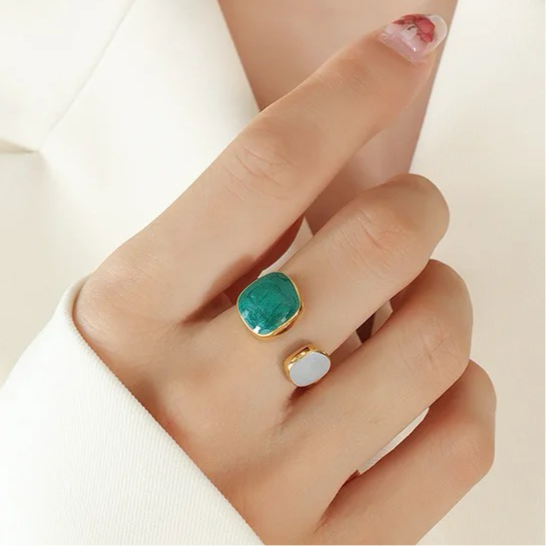 Blue Grey Enamel Ring-Gold