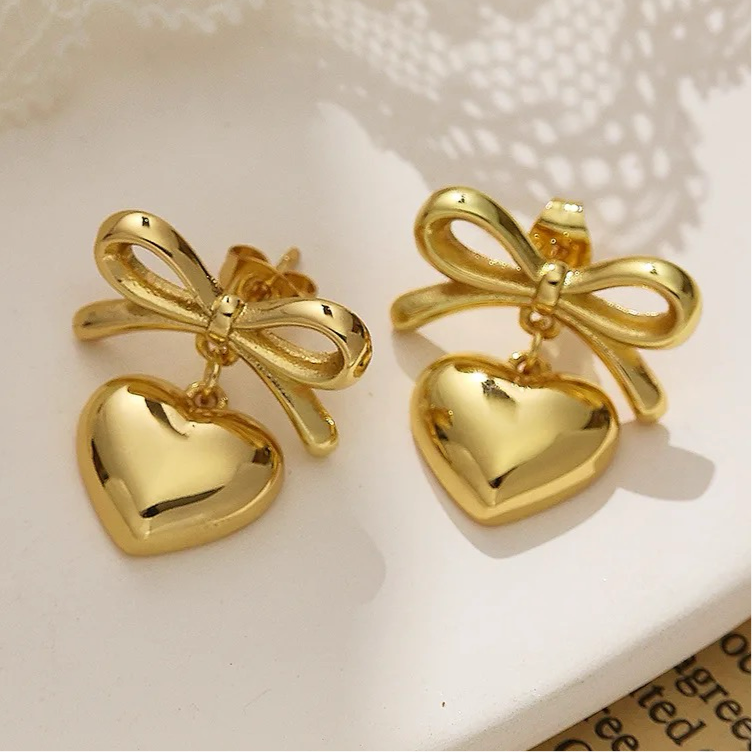 Heart Bow Mini Earrings-Gold