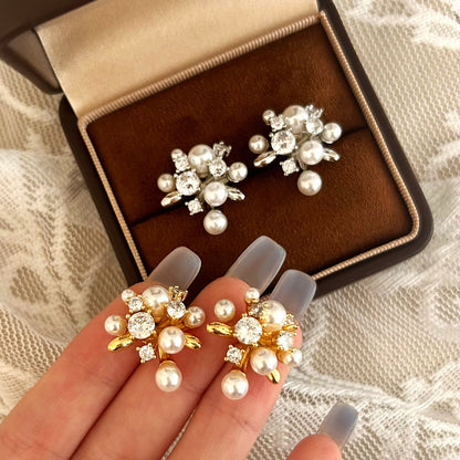 Pearl Cluster Stud Earrings-Gold