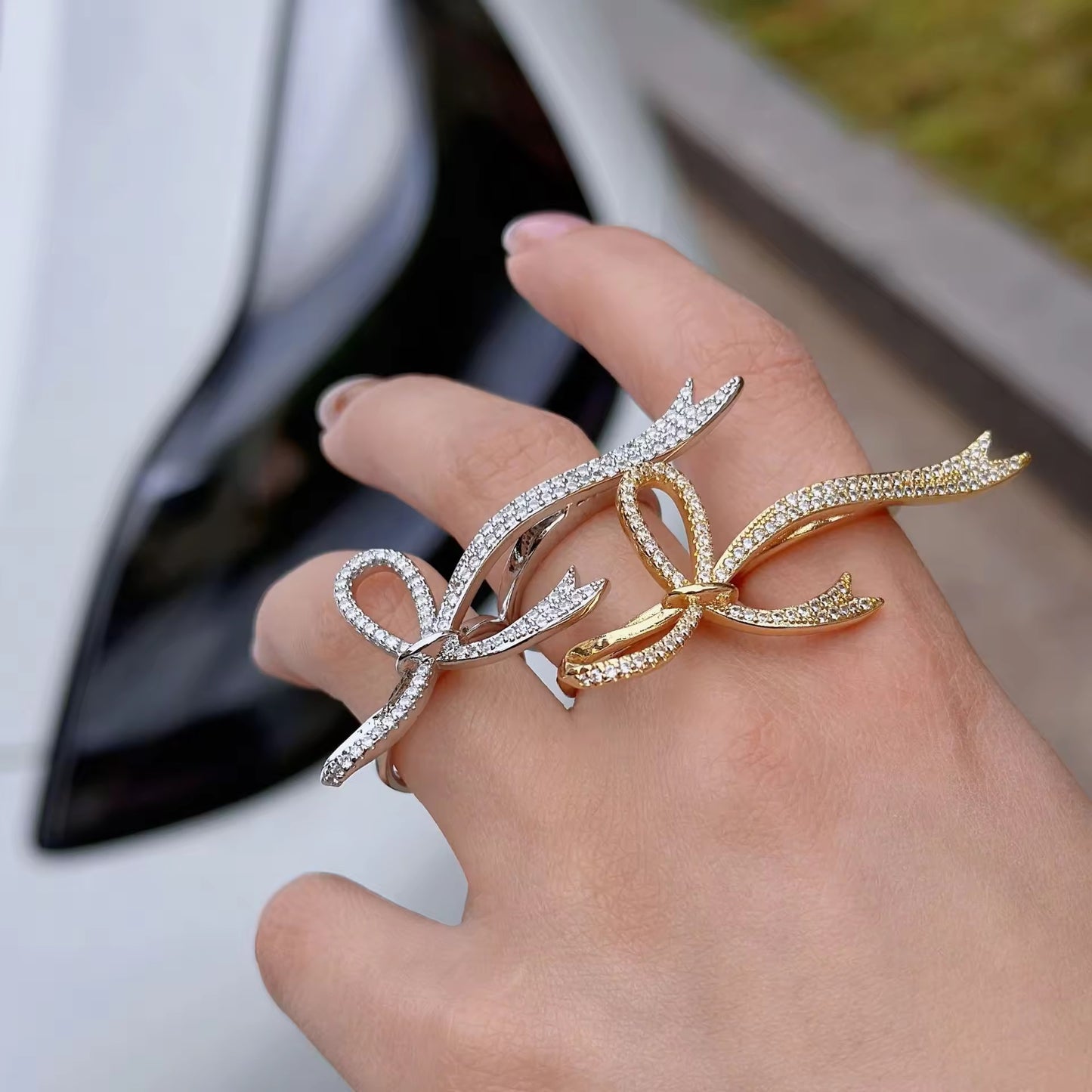 2 Finger Studded Bow Ring-Gold