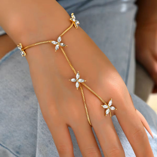 Daimond Flower Wrist & Finger Bracelet- Gold