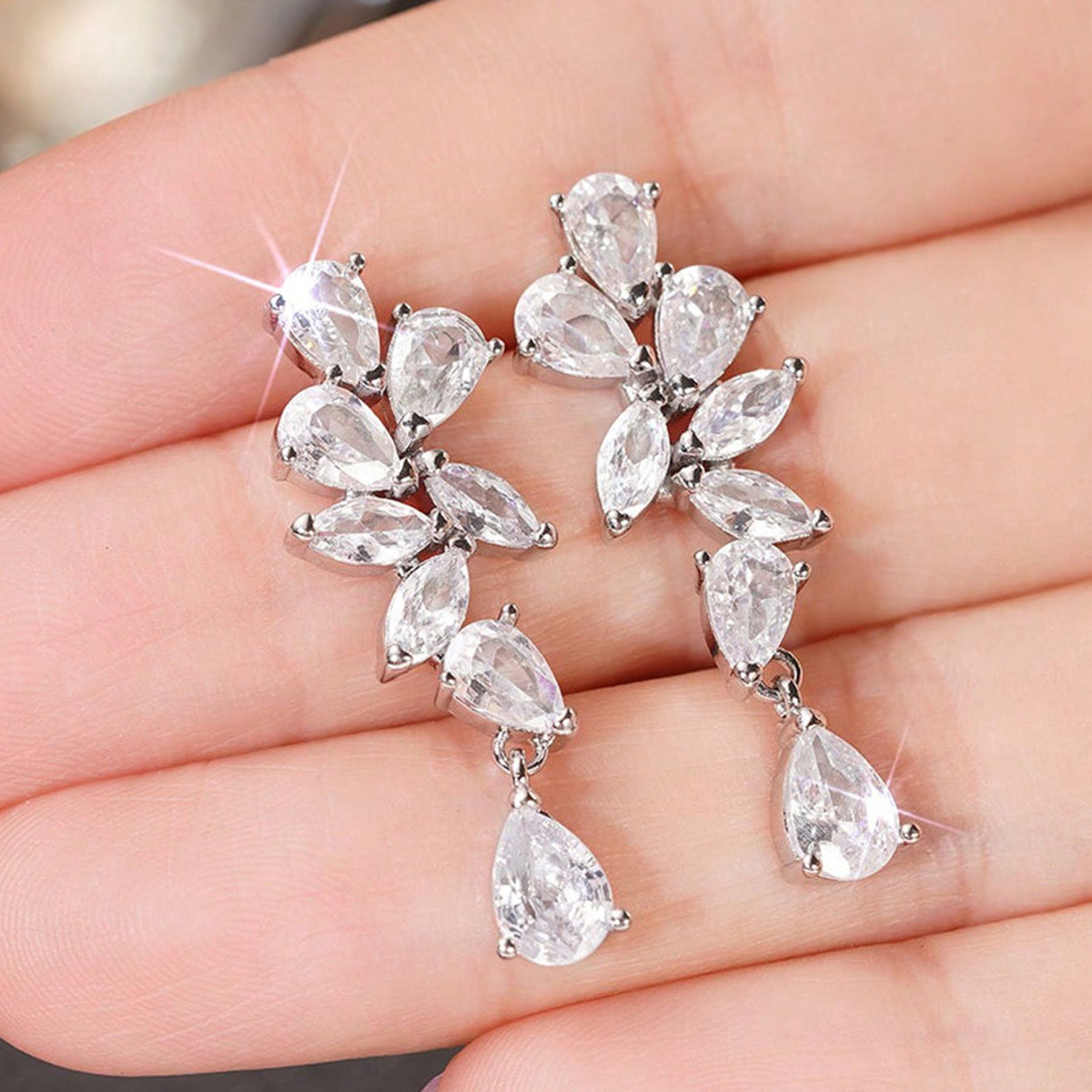 Glam Cascading Teardrop Earrings-Silver