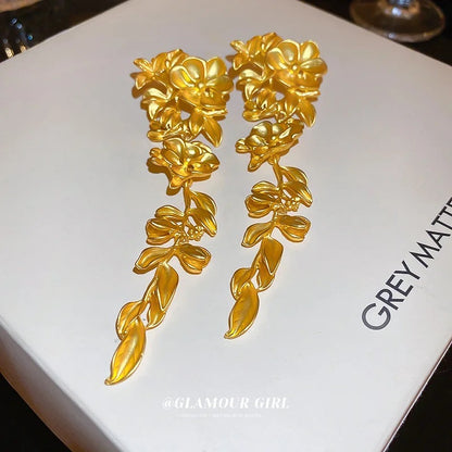 Floral Creeper Danglers- Matte Gold