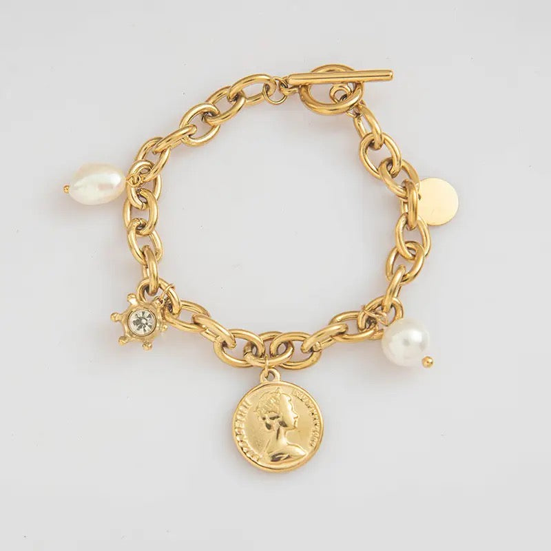 Chunky Pearl Coin Charm Bracelet - Gold