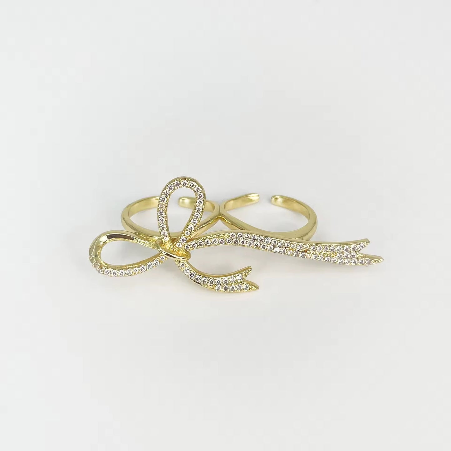 2 Finger Studded Bow Ring-Gold