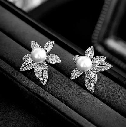 Silver Flower Pearl Stud Earrings