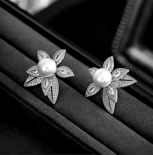 Silver Flower Pearl Stud Earrings