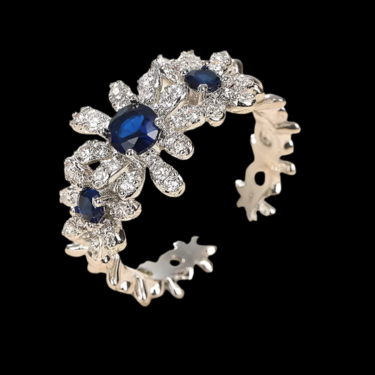 Blue Floral Ring-Silver