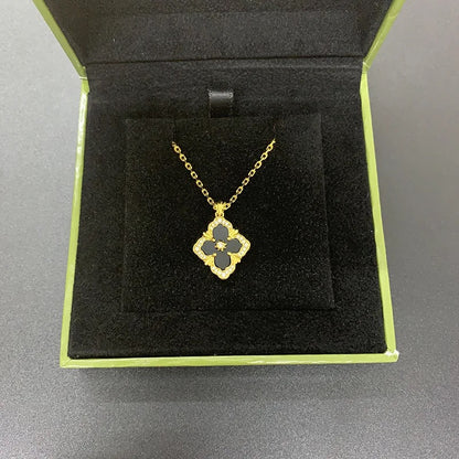 Reversible B&W Flower Clover Necklace