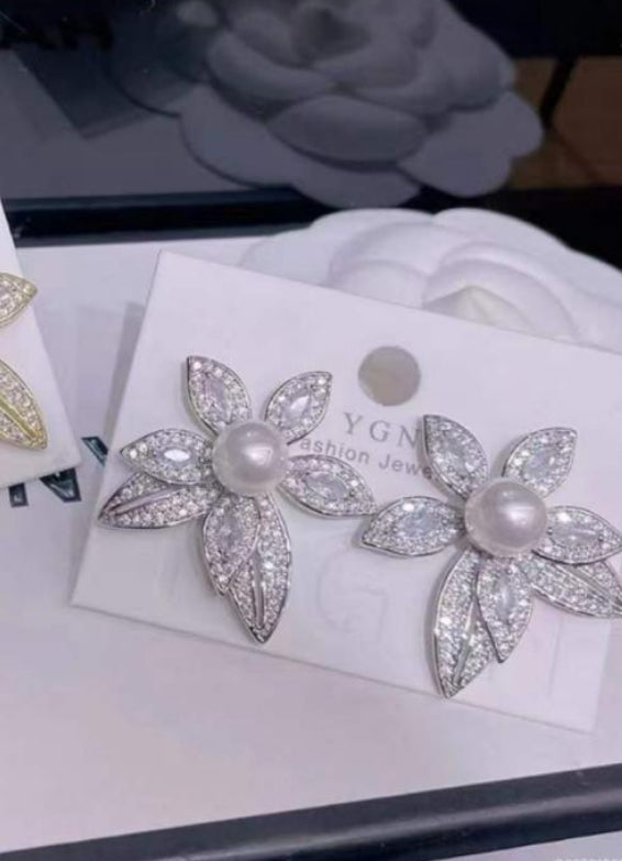 Silver Flower Pearl Stud Earrings