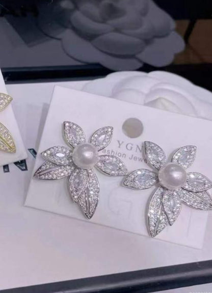 Silver Flower Pearl Stud Earrings