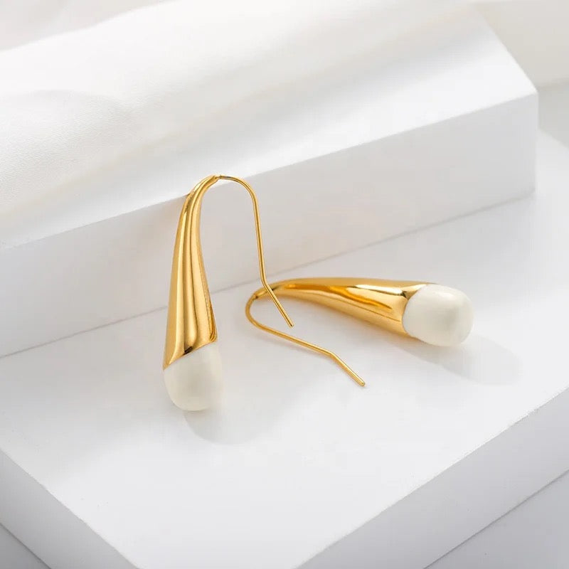 White Enamel Gold Drop Earrings