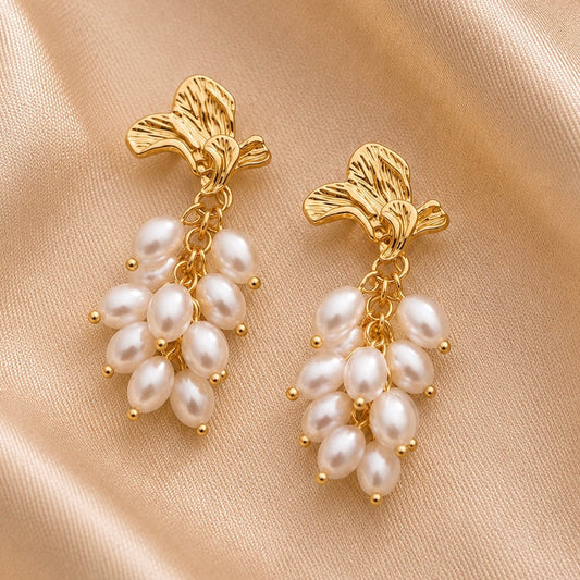 Leaf Pearl Drop Earrings-Gold