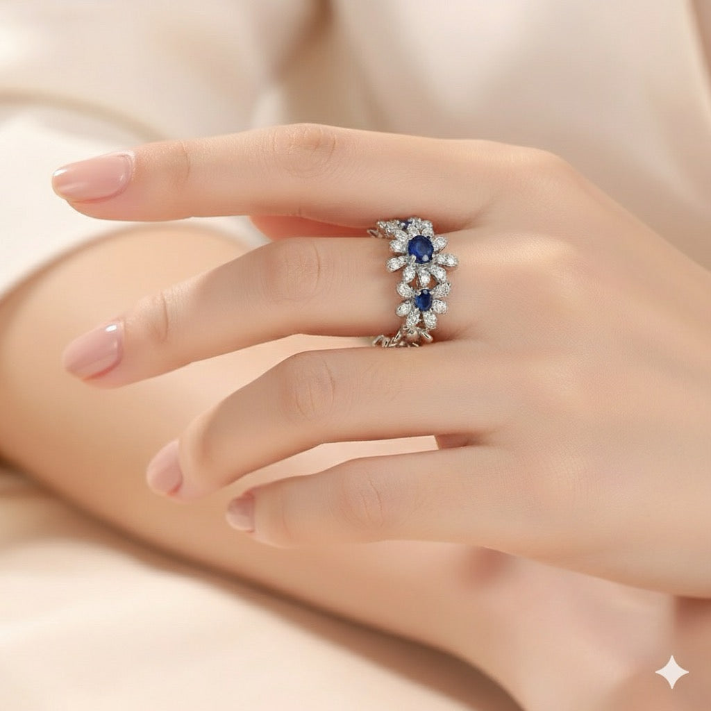 Blue Floral Ring-Silver