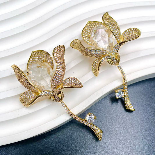 Ultimate Diamond Flower Stem Earrings-Gold