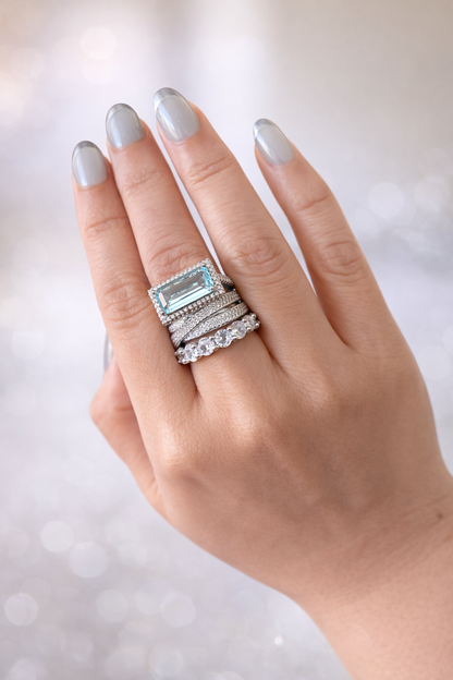 Massive Emerald Cut 3 Pc Silver Ring Set
