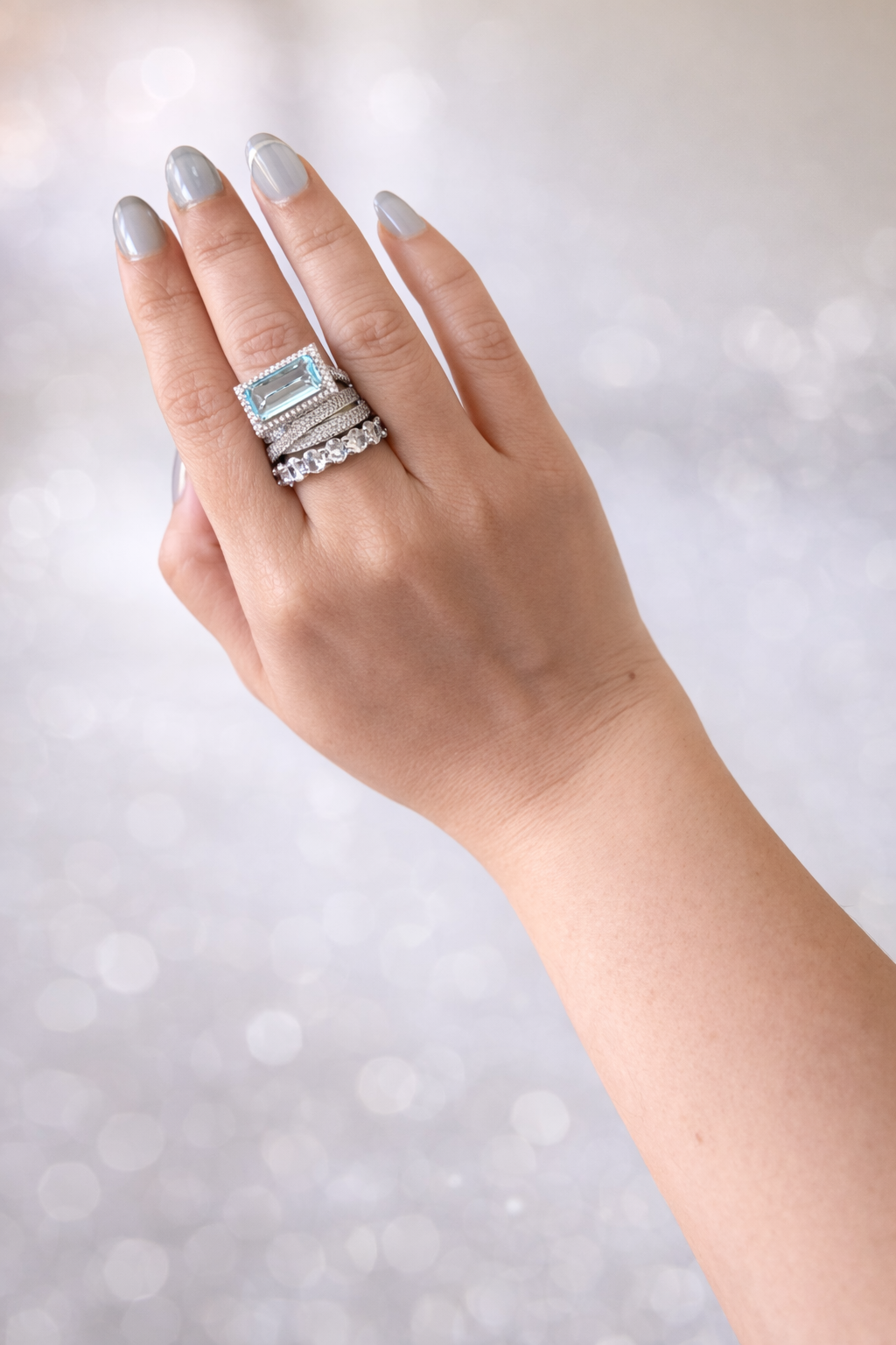 Massive Emerald Cut 3 Pc Silver Ring Set