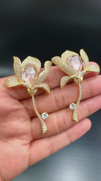 Ultimate Diamond Flower Stem Earrings-Gold