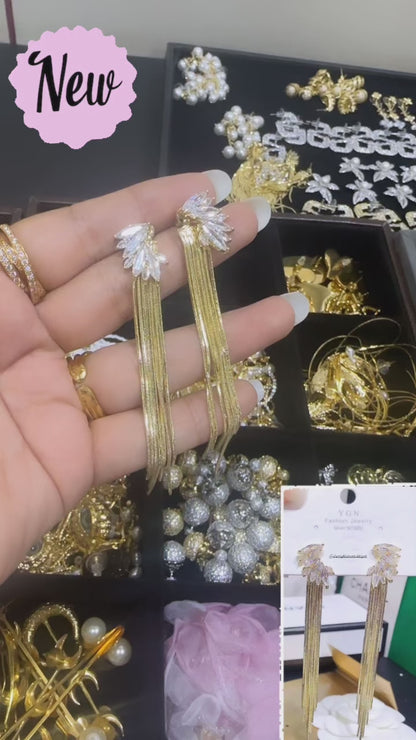 Baguette Feather F&B Dangler Earrings-Gold